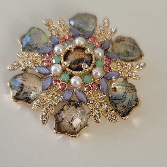 Anne Klein Brooch Gold Tone Faux Pearl Cabachons Multicolor Brooch #507 - Picture 11 of 16